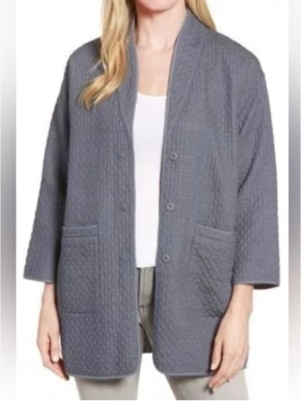 Eileen Fisher Washed Cotton Diamond Jacket Blue Grey Small Shawl Collar